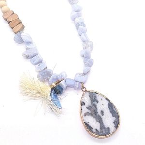 $55 CHICO'S Blue Ocean Beach Wooden Stone Pendant Necklace NWOT